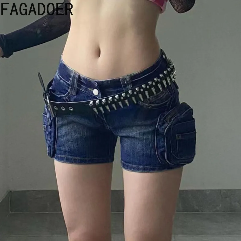 

FAGADOER Dark Blue Fashion Y2K Pocket Spliced Cargo Denim Shorts Women Low-waisted Button Slim Shorts Casual Cowboy Bottoms 2024