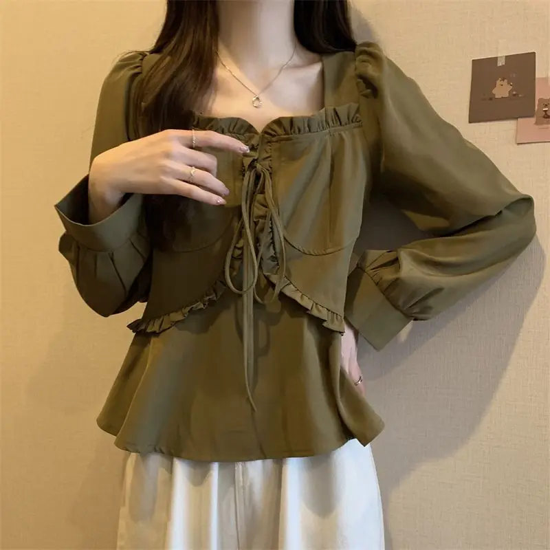 2024 New Spring Plus Size Women Blouse Korean Temperament Tie-up Loose Coat Long-sleeved Square Collar Shirt Slim Versatile Top