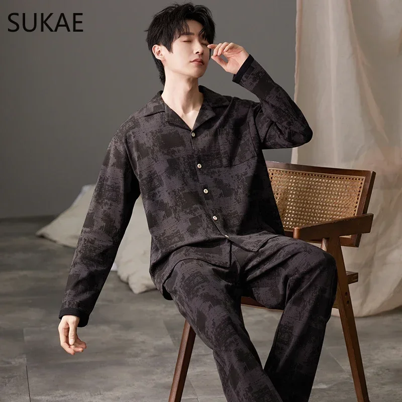 SUKAE Casual Mens Pijama Faux Cotton Soft Nightwear Autumn Spring Homesuit Gentleman Turn-down Collar Sleepwear Boys Pajamas - Image 3