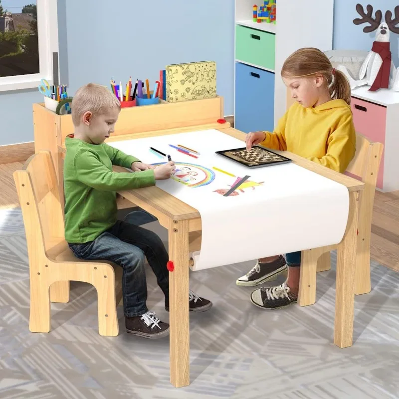 Kids Art Table and 2 Chairs, Wooden Drawing Desk, Activity & Crafts, Children's Furniture