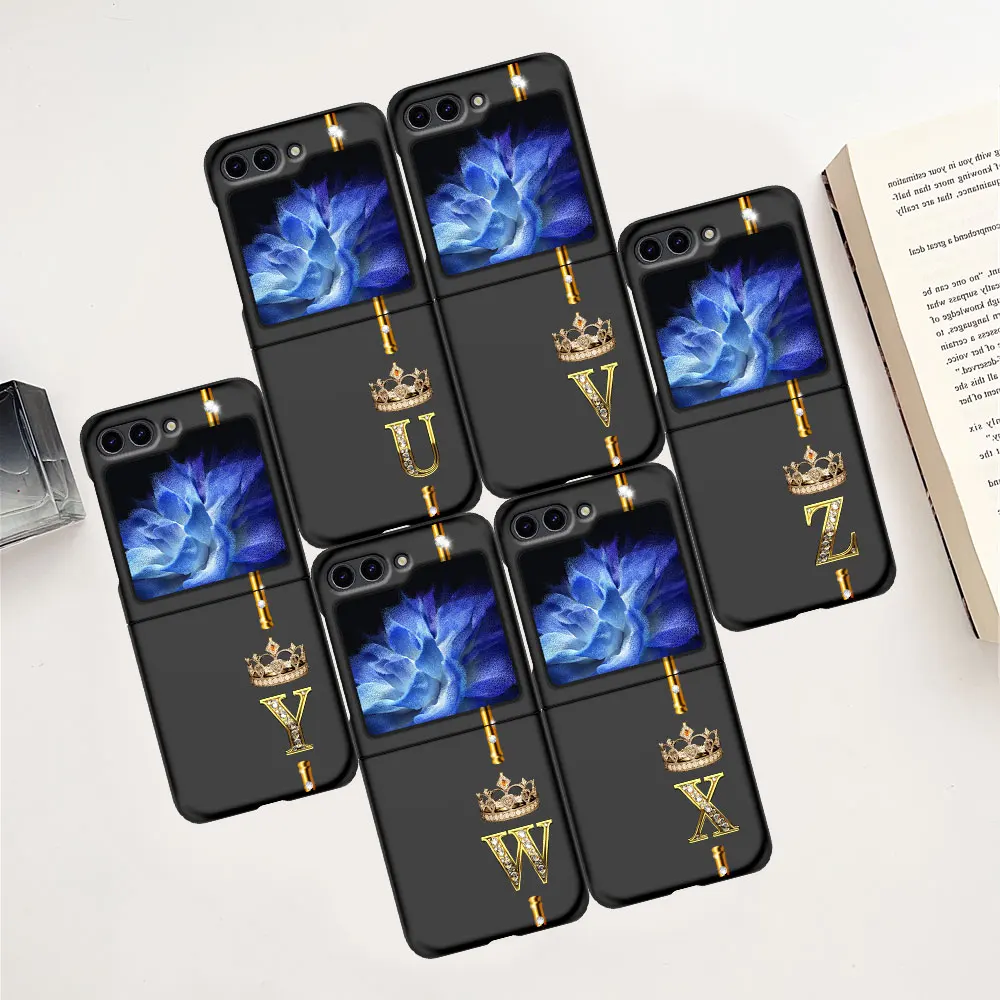 Custodia In Oro 26 Lettere Z W Y X Crown Per Samsung Galaxy Z Flip5 Cover Rigida Nera Per Pc Z Flip 5 Zflip5 Borsa Protettiva Pieghevole Per Telefono
