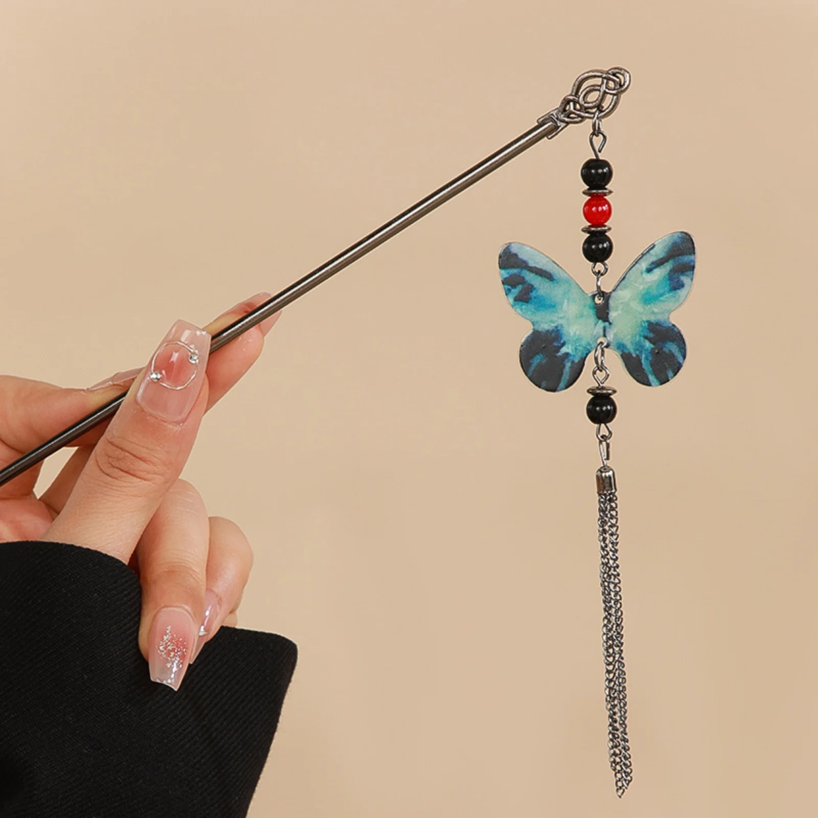 1PC Chinese - Style Hairpin Collection, 6 - Piece Set with Butterfly, Rose and Crescent Moon Designs, Elegant Tassel Decor