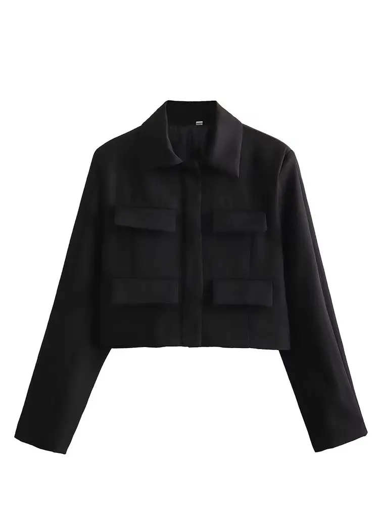 HH Spring Jacket For Women Slim Cropped Coat Elegant Solid Long Sleeve Jacket Front Flap Pocket Outerwear Fashion Streetwear