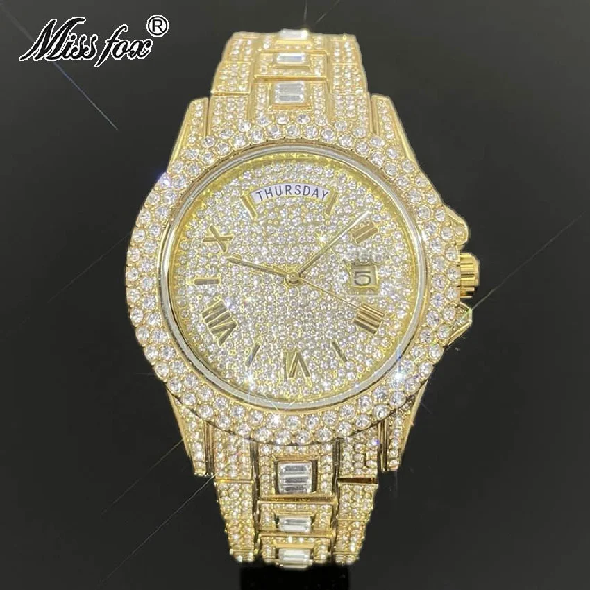 

New Gold Hip Hop Watches Men Luxury Iced Out Moissanite Fashion Quartz Jewelry Date Week Stianless Steel Clocks Reloj Hombre