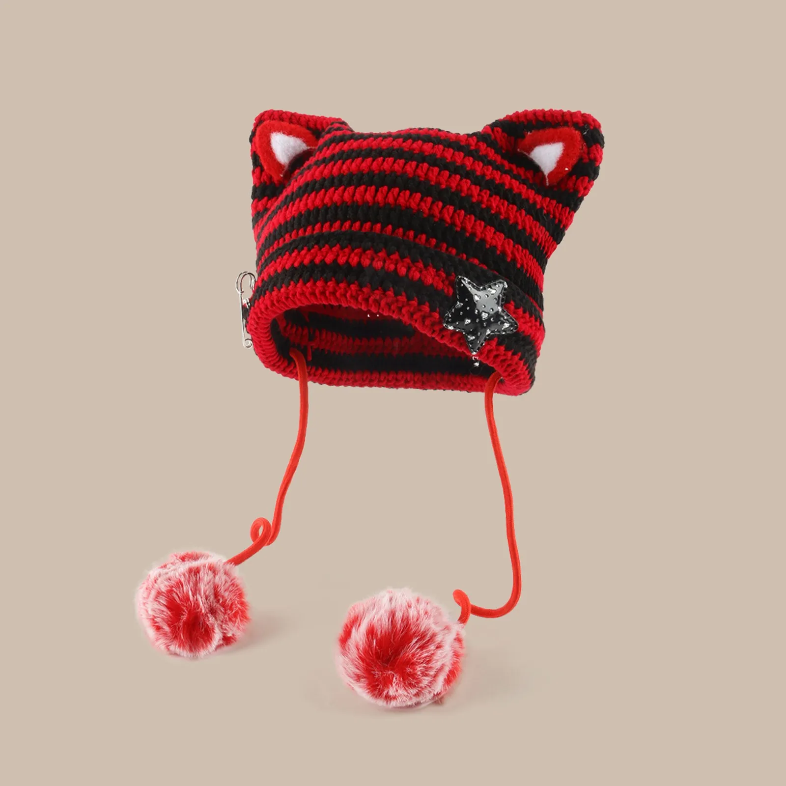 Japan Designer Handmade Pentagram Wool Beanie Y2K Hat Ladies Autumn Spring Warm Cat Ear Knit Stripe Beanie Cap with Pompom 3