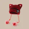 Japan Designer Handmade Pentagram Wool Beanie Y2K Hat Ladies Autumn Spring Warm Cat Ear Knit Stripe Beanie Cap with Pompom 3