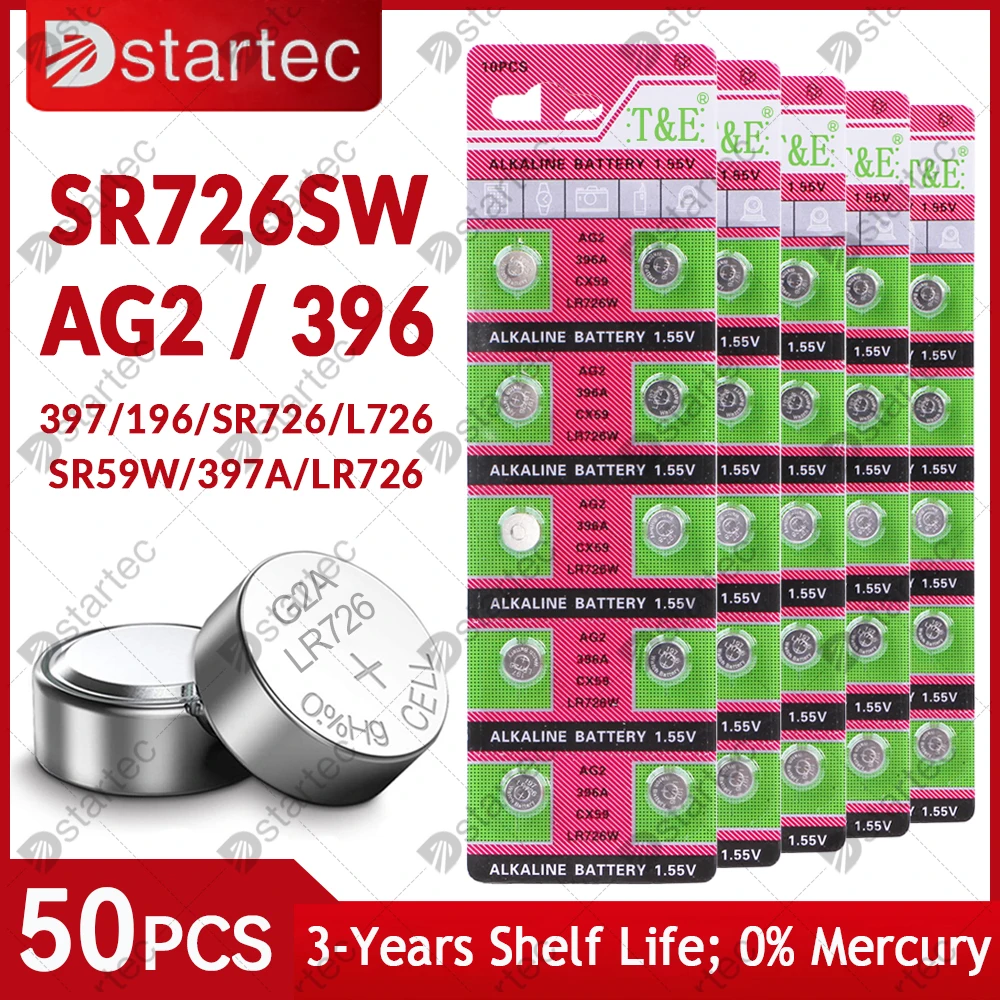 Dstartec 50Pcs Ag2 Coin Battery Lr726 396 Batteria Alcalina A Bottone 1.55V Sr726Sw 396A Lr726 397 Per Orologi Giocattoli No Mercury