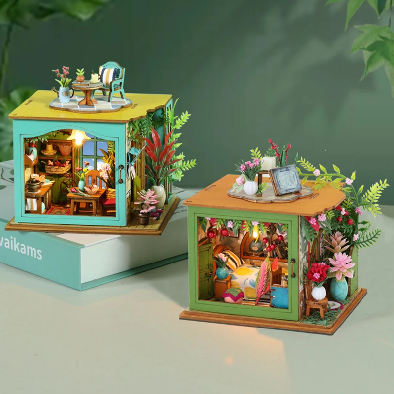 미니 주방 하우스 DIY 나무 미니어처 모델 키트, 카사 3D 퍼즐 커피 인형 집, 친구 크리스마스 선물 가구 조명