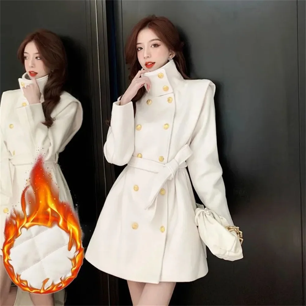

French Turtleneck Temperament Ladies High Sense Double-Breasted Suit Woolen Coat With Cotton Padded Long Coat Autumn And Winter