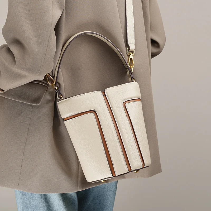 New Luxury Genuine Cow Leather Bucket Bags For Women Large Capacity Shoulder Crossbody Bags Cowhide Commute Fashion Handbag