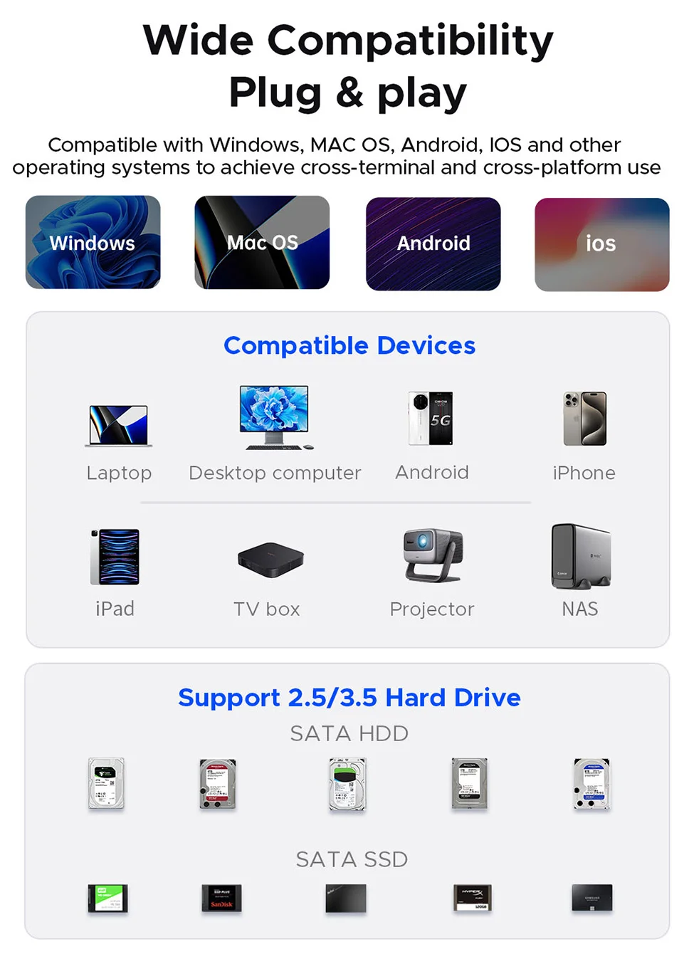 ORICO 하드 드라이브 도킹 스테이션 7 RAID 2.5/3.5SATA HDD SSD 인클로저 150W USB 3.0 5Gbps DAS 알루미늄 쿨링 팬 (PC/노트북용)