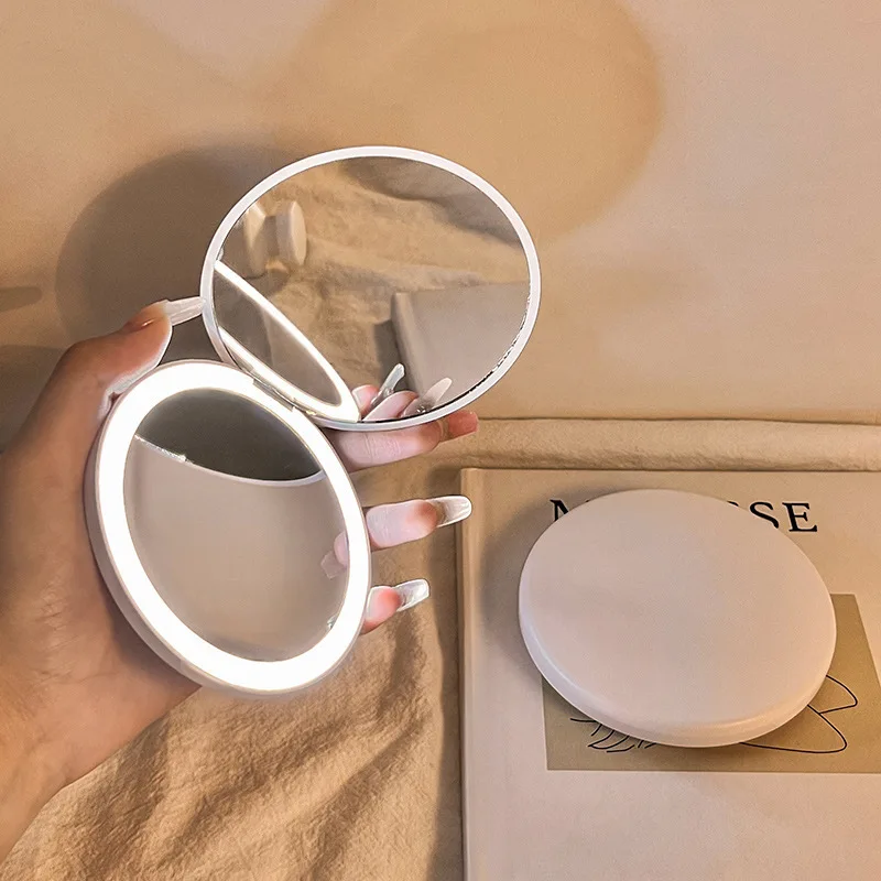 Makeup Mirror Portable Small Mirror Light LED Makeup Pocket Mini Handheld Luminous Folding Round