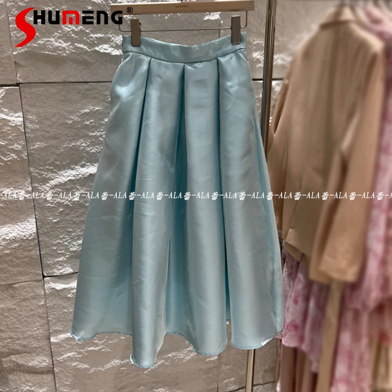 Spring Summer Hepburn Style Pleated Umbrella Skirt Small Temperament 2024 Popular Elegant Solid Color Mid-Length Skirts Female