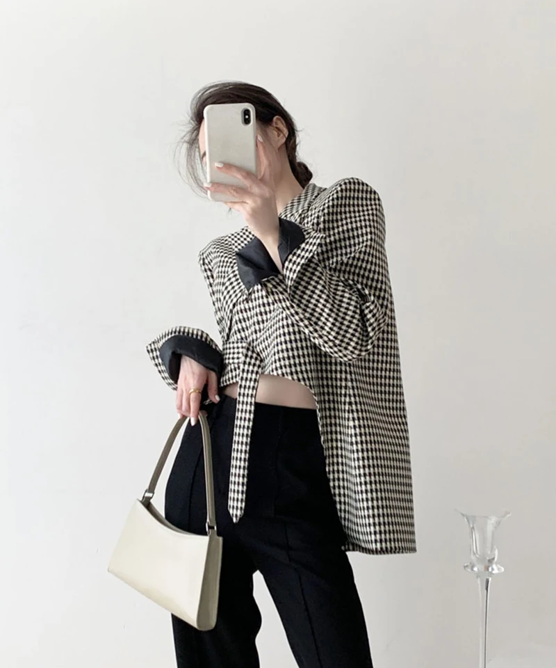 Houndstooth Plaid Blazer Women’s Black Irregular Suit Jacket Streetwear Korean Ribbon Cropped Womens Coat Office Lady Elegant Striped Jackets Outwear Plus size Blazers for Woman 