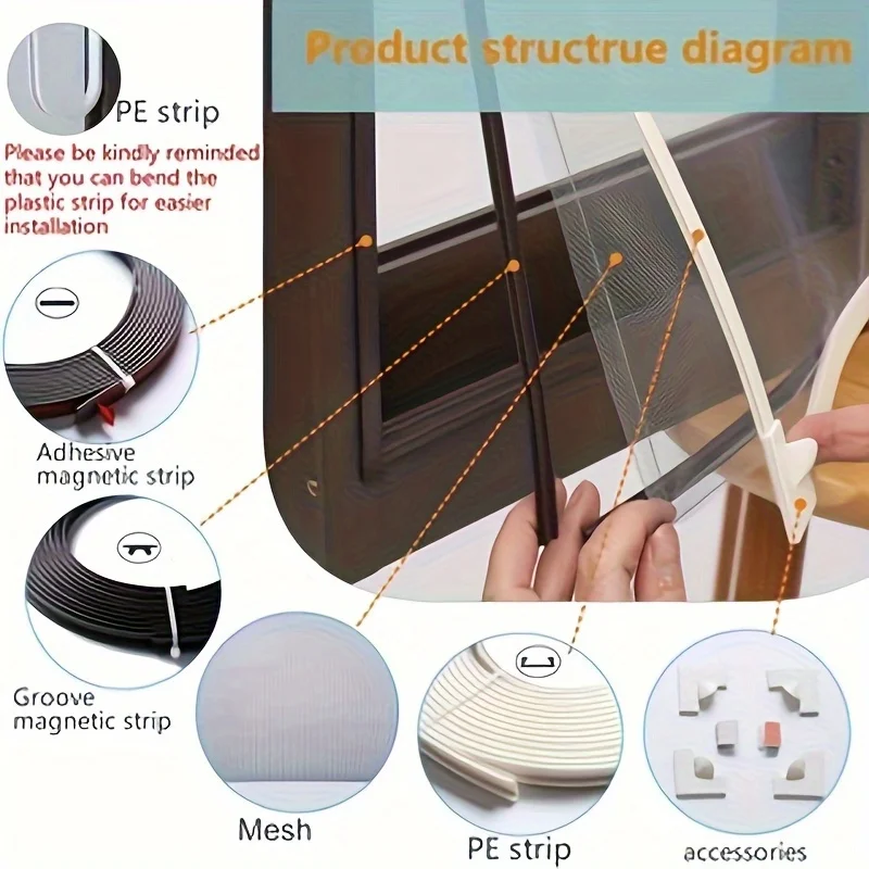 조절 가능한 자석식 창문 스크린 DIY 창문 스크린 흰색 프레임 회색 메쉬 자가 접착식 설치가 간편한 새 상품