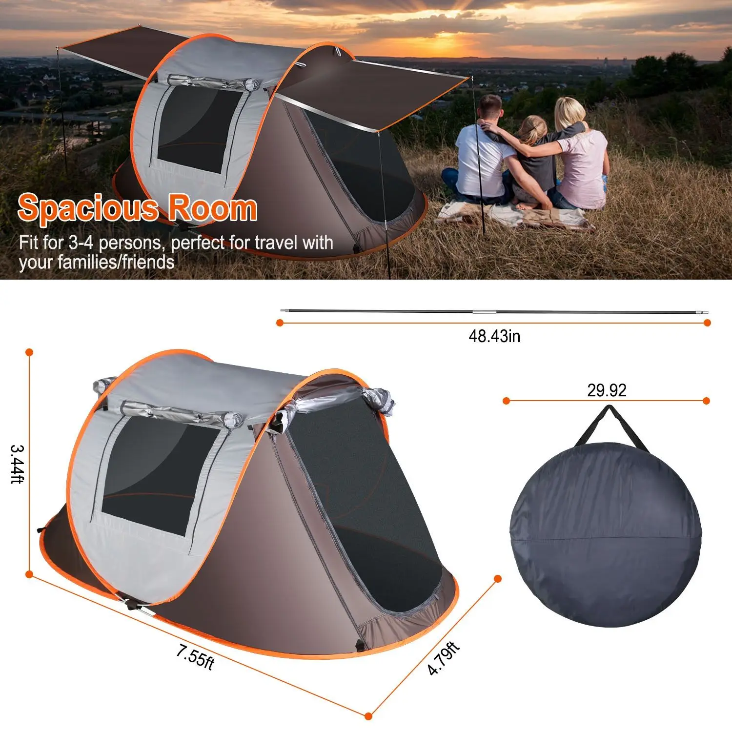 3-4 Person Pop Up Tent Automatic Setup Camping Tent  Instant Setup with 4 Tent Poles 2 Mosquito Net Windows Carrying Bag 2