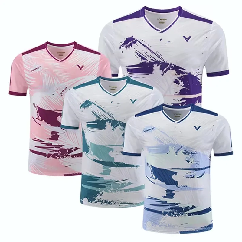men's and women's badminton T-shirt quick dry breathable V-neck half sleeve tennis clothing can be