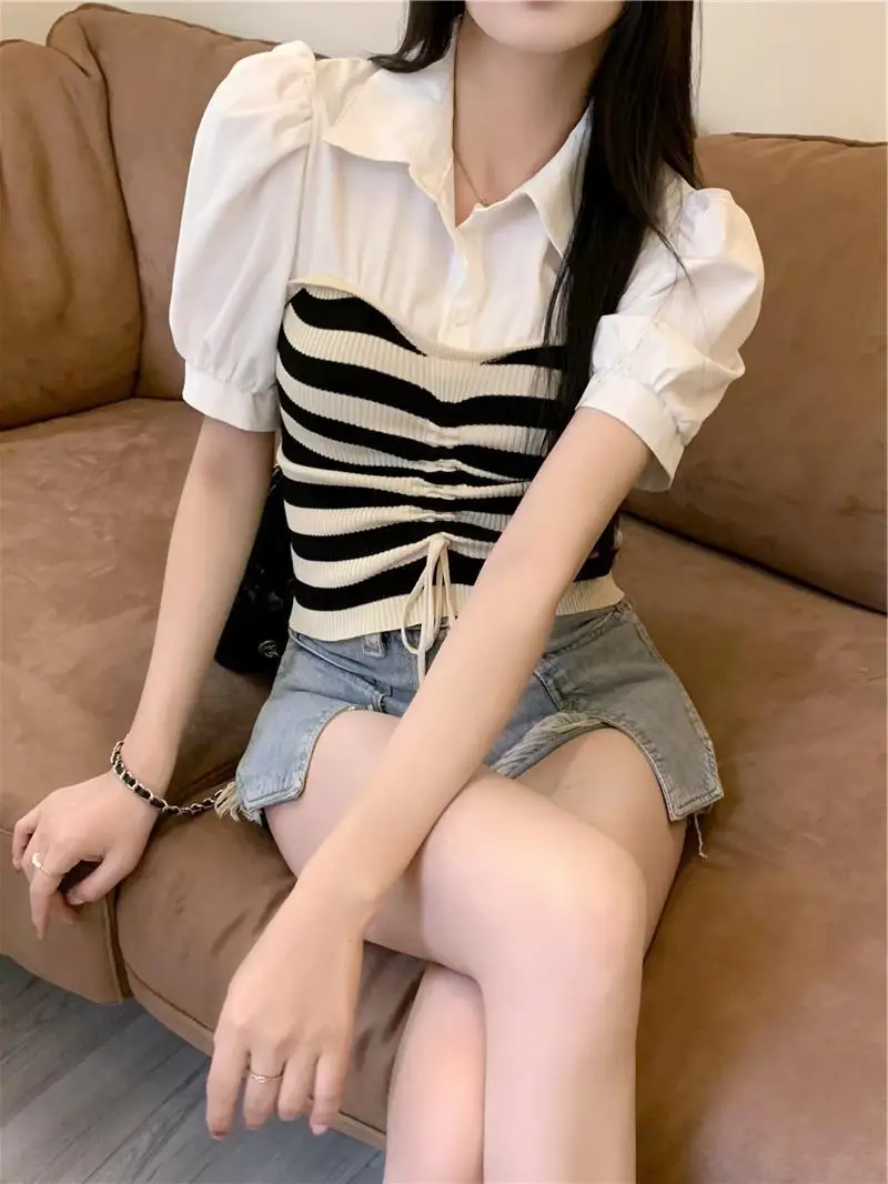 

Summer Polo Collar Waist Slimming Striped Shirt Draw Pleated Short Base Shirt Short Sleeve Shirt Stitching Knitwear Woman Tide