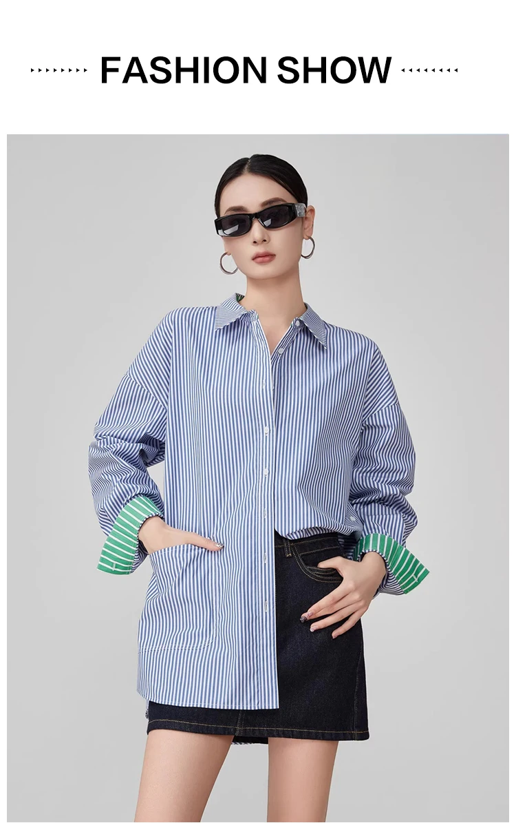 قميص مخطط كبير الحجم للنساء بأكمام طويلة فضفاض مناسب سترة علوية متوسطة الطول بأزرار سفلية ملابس غير رسمية موضة 2025