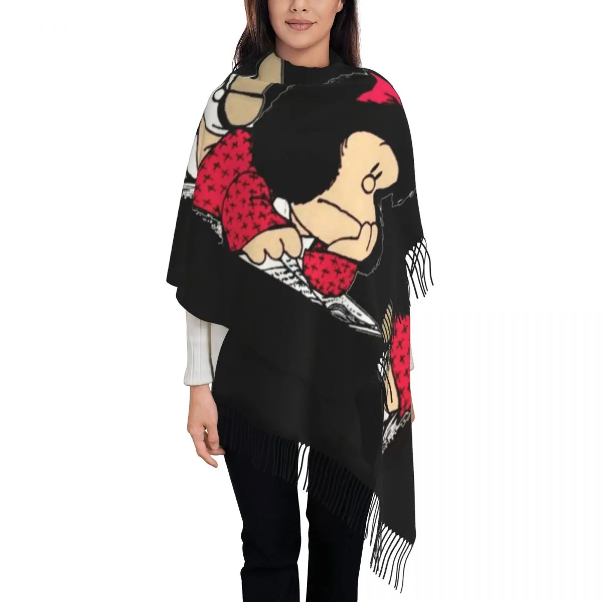 Winter Accessories Ladies Long Mafalda Scarves Soft Warm Tassel Shawl Wraps Argentine Cartoon Quino Comic