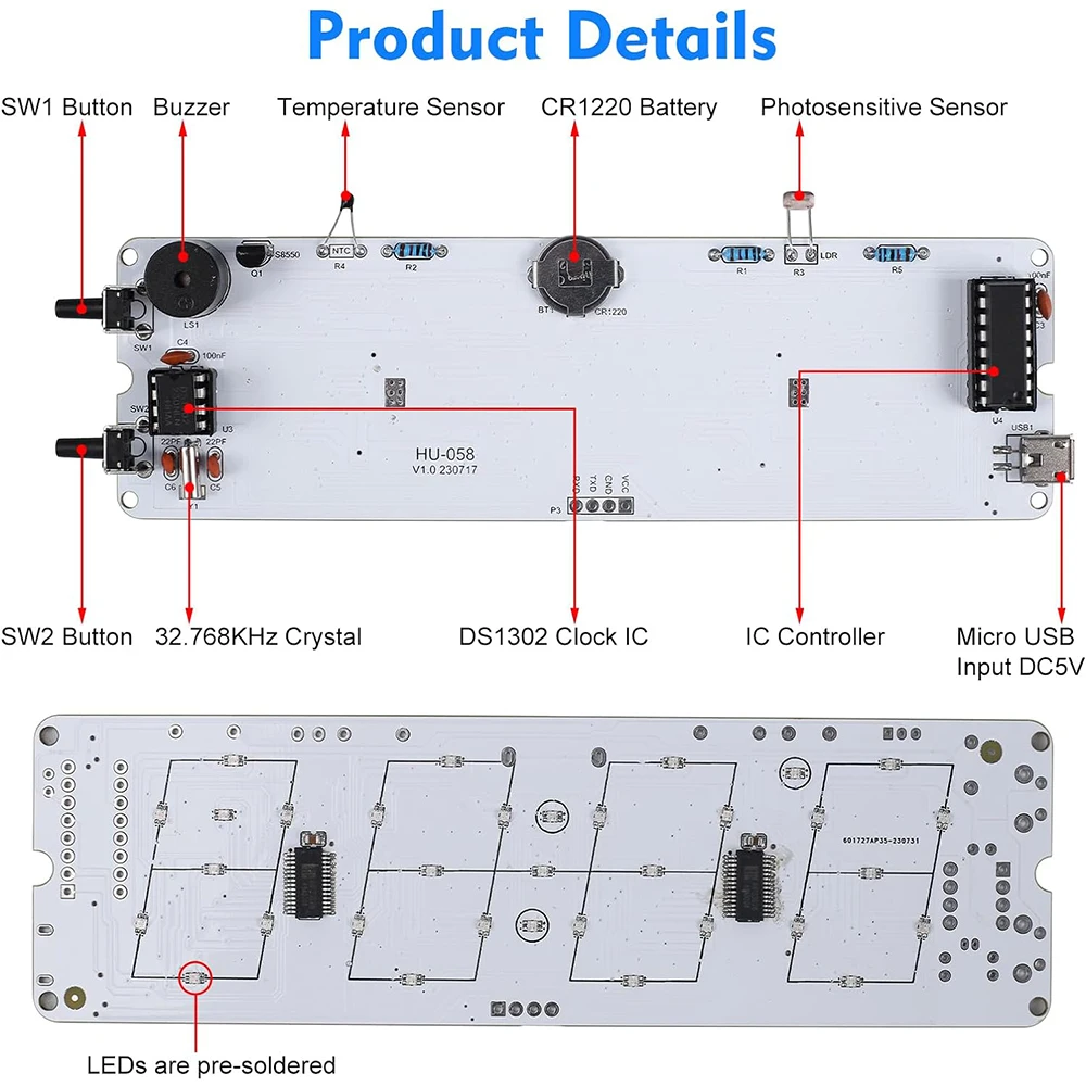 Kit Orologio Elettronico Fai Da Te RGB LED - Display Data E Temperatura - 5V - Nuovo