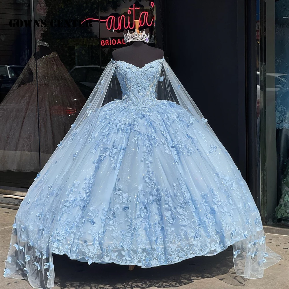 

Light Blue Butterflies Quinceanera Dresses With Cape Ball Gown Birthday Party Dress Lace Up Graduation Gown Tulle sweet 15 16