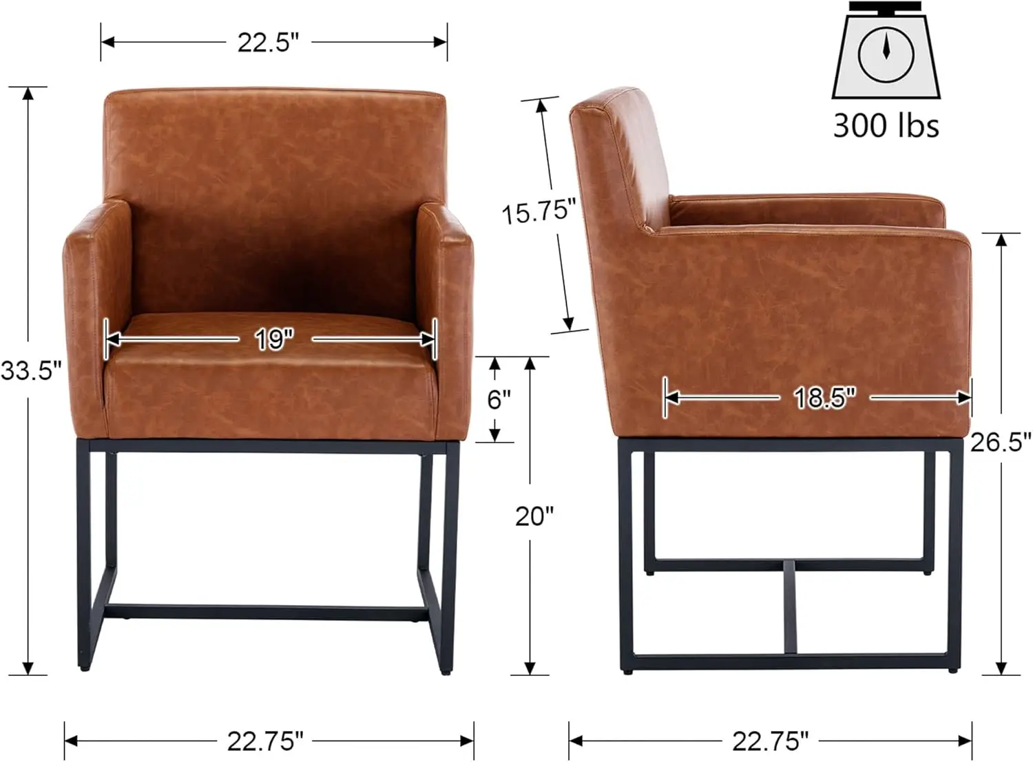 Faux Leather Upholstered Dining Chairs with Arms Set of 2, Mid Century Modern Padded Kitchen Chair with Black Metal Frame