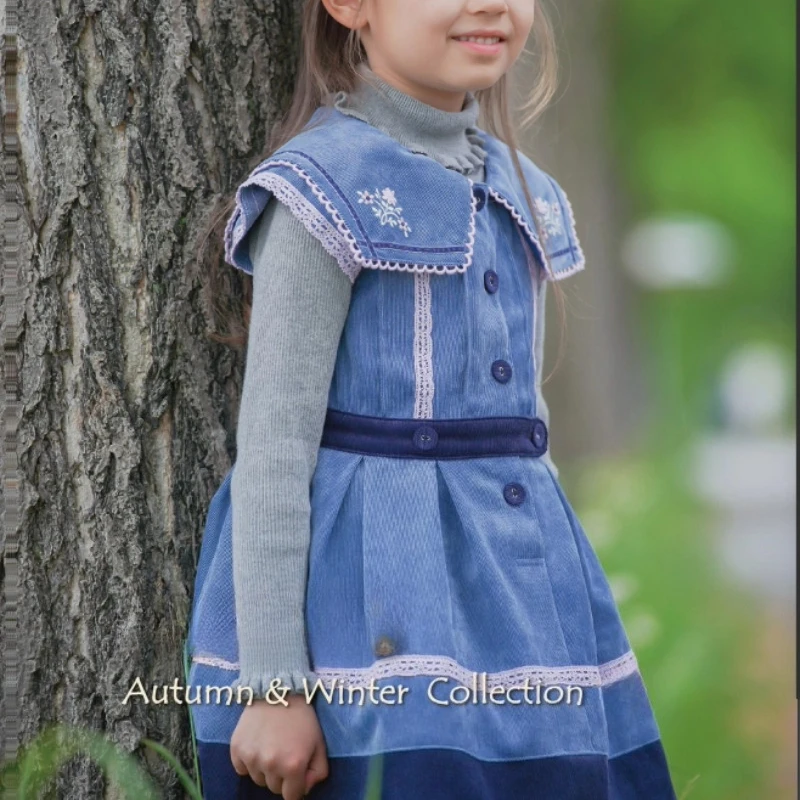 Handgefertigtes Neues Winter-Spitzenkleid mit Stickerei in Blau und Rosa, Kinder-Boutique Süße Mode Hochwertige Partykleidung