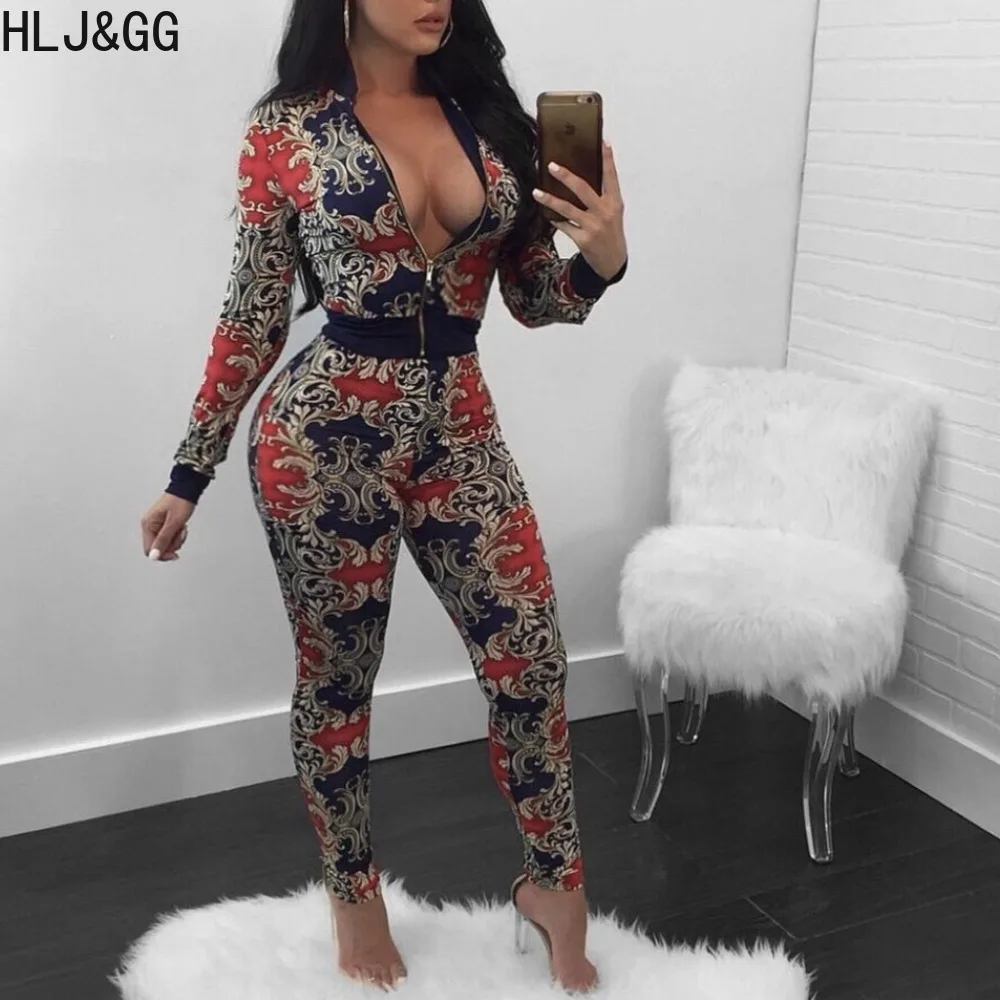 HLJ&GG Retro Casual Pattern Print Skinny Pants Two Piece Sets Women Zipper Long Sleeve Top + Pants Tracksuit Female 2pcs Outfits two piece sets women summer suit pajamas set flower print short sleeve top high waist pants suit casual tracksuit female outfit