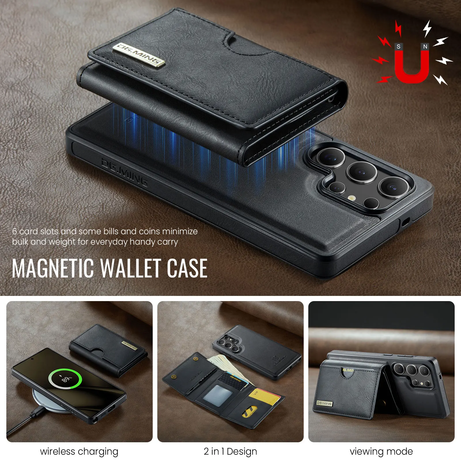 Magnetic Leather Wallet Phone Case with Card Holder and Magsafe - 2 in 1 Design