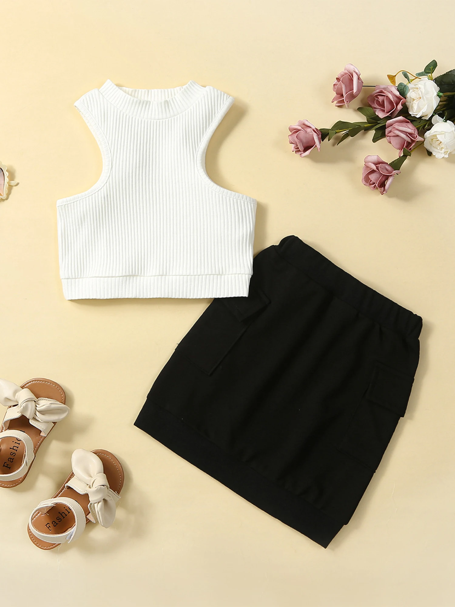 

Adorable Toddler Girl Summer Outfit Sleeveless Ribbed Tank Top with High Neck Halter and Solid Pencil Skirt featuring