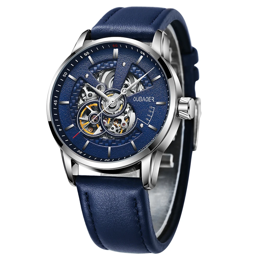 Mens Watches Mechanical Automatic Tourbillon Self Winding Blue Leather Sport skeleton Wristwatches mechanical watch
