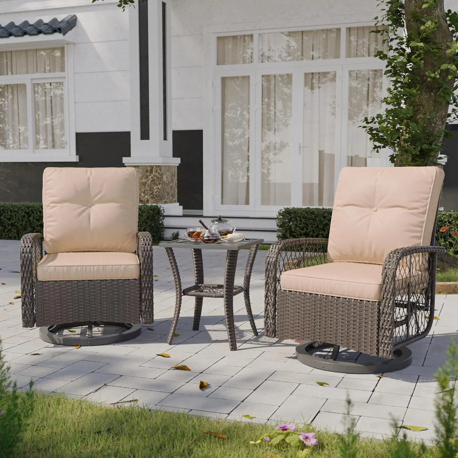 

Outdoor Swivel Rocker Chair with Small Side Table Wicker Rattan Patio Furniture Set Outdoor Rocking Chair Set for Backyard
