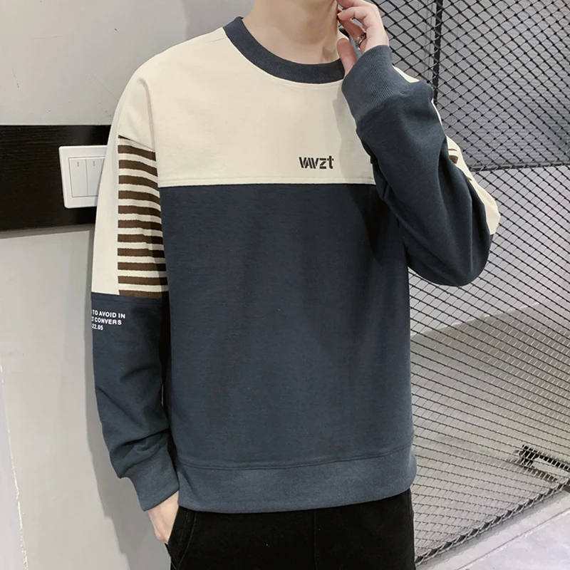 2024 Spring and Autumn Men's New Pullover Round Neck Contrast Letter Print Fashion Loose and Versatile Long Sleeved Sweater
