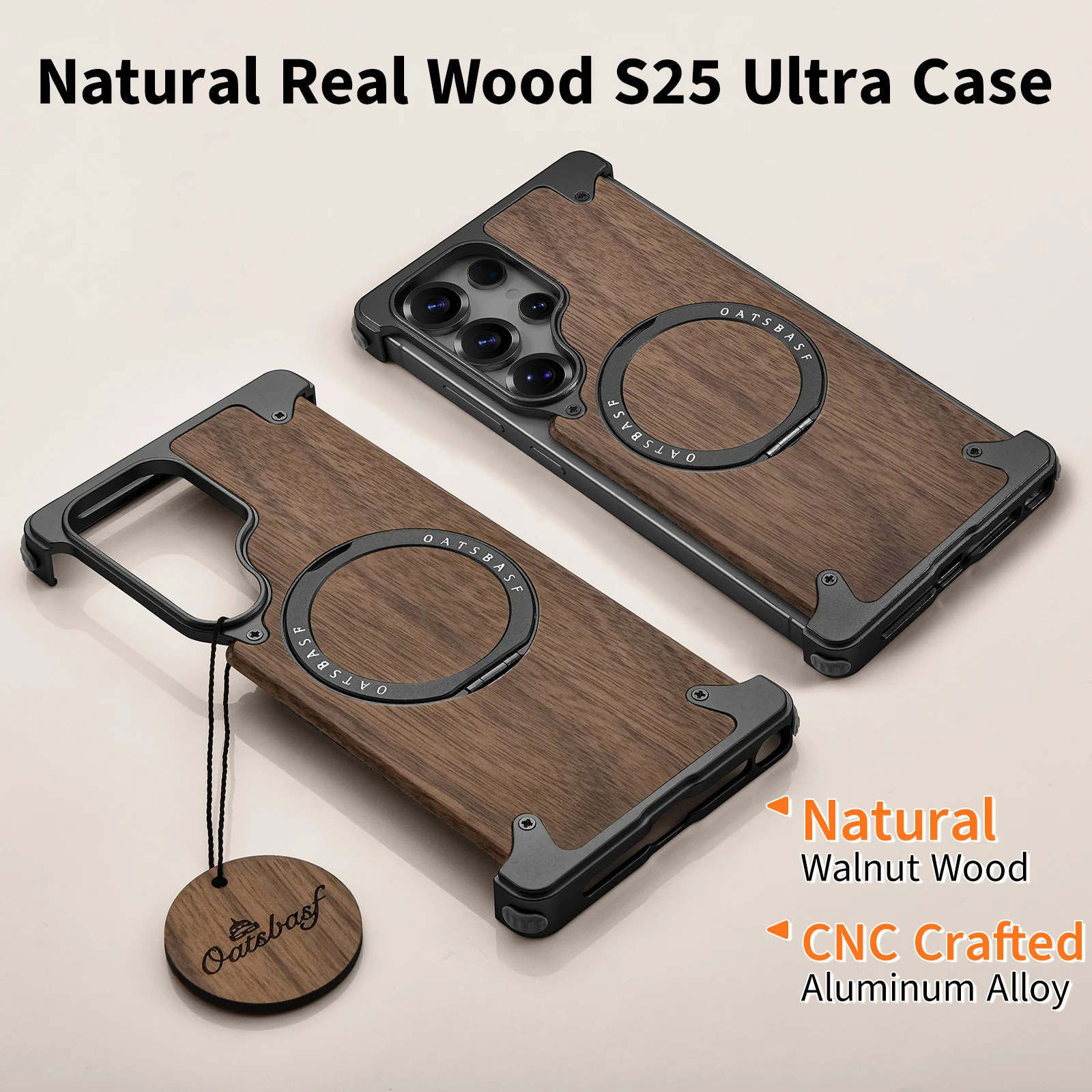 Eary for Samsung Galaxy S25 S24 Ultra Wood Case Magnetic With 360° Rotatable Stand Magsafe Frameless Shockproof Protector Cover
