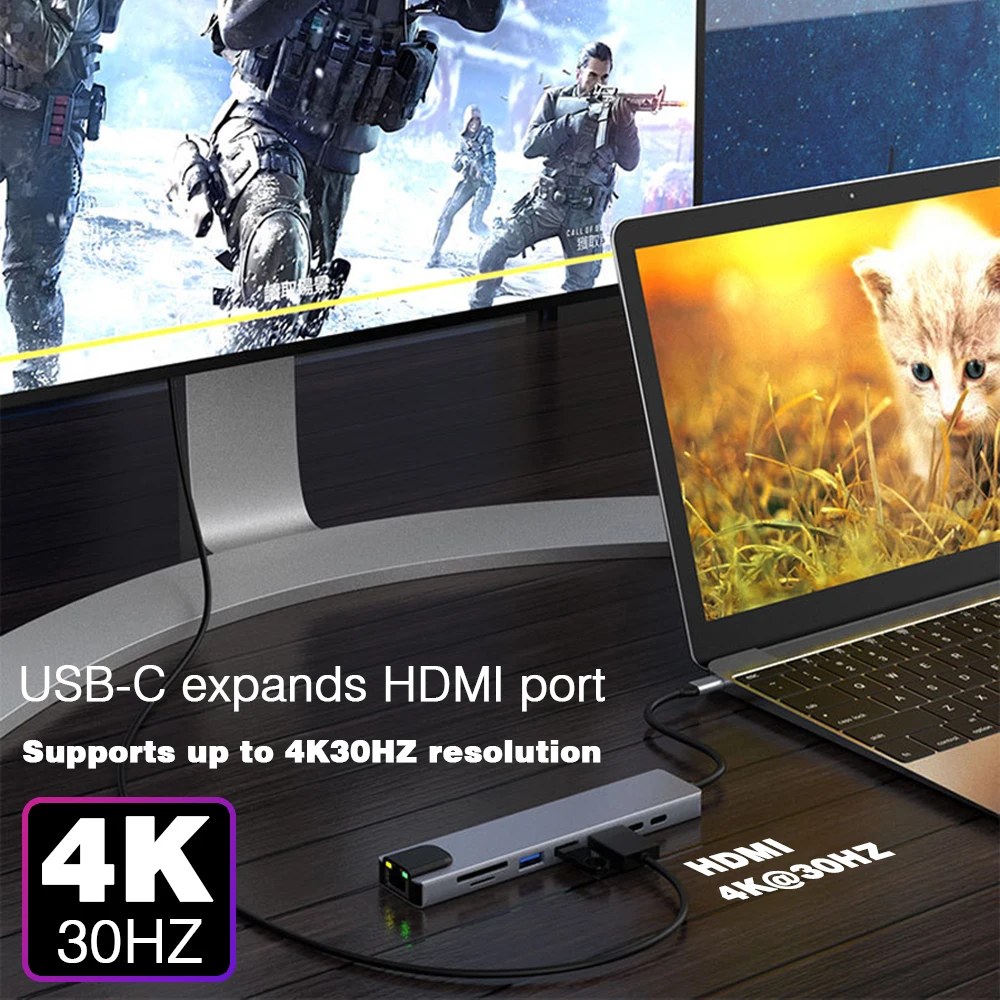RJ45 100M/1000Mbps Ethernet to USB C Adapter Docking Station USB Type C to HDMI HUB 4K 30HZ VGA Headphone PD 100W USB3 Extencion 3