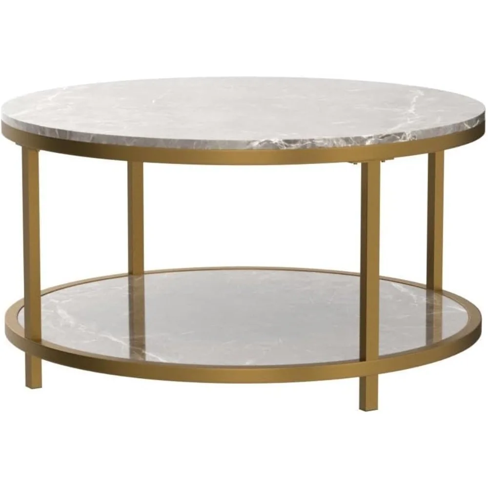 Round Coffee Table 33.5" Coffee Tables for Living Room High Glossy Faux Marble Top Modern Circle Table Sturdy Gold Metal 4