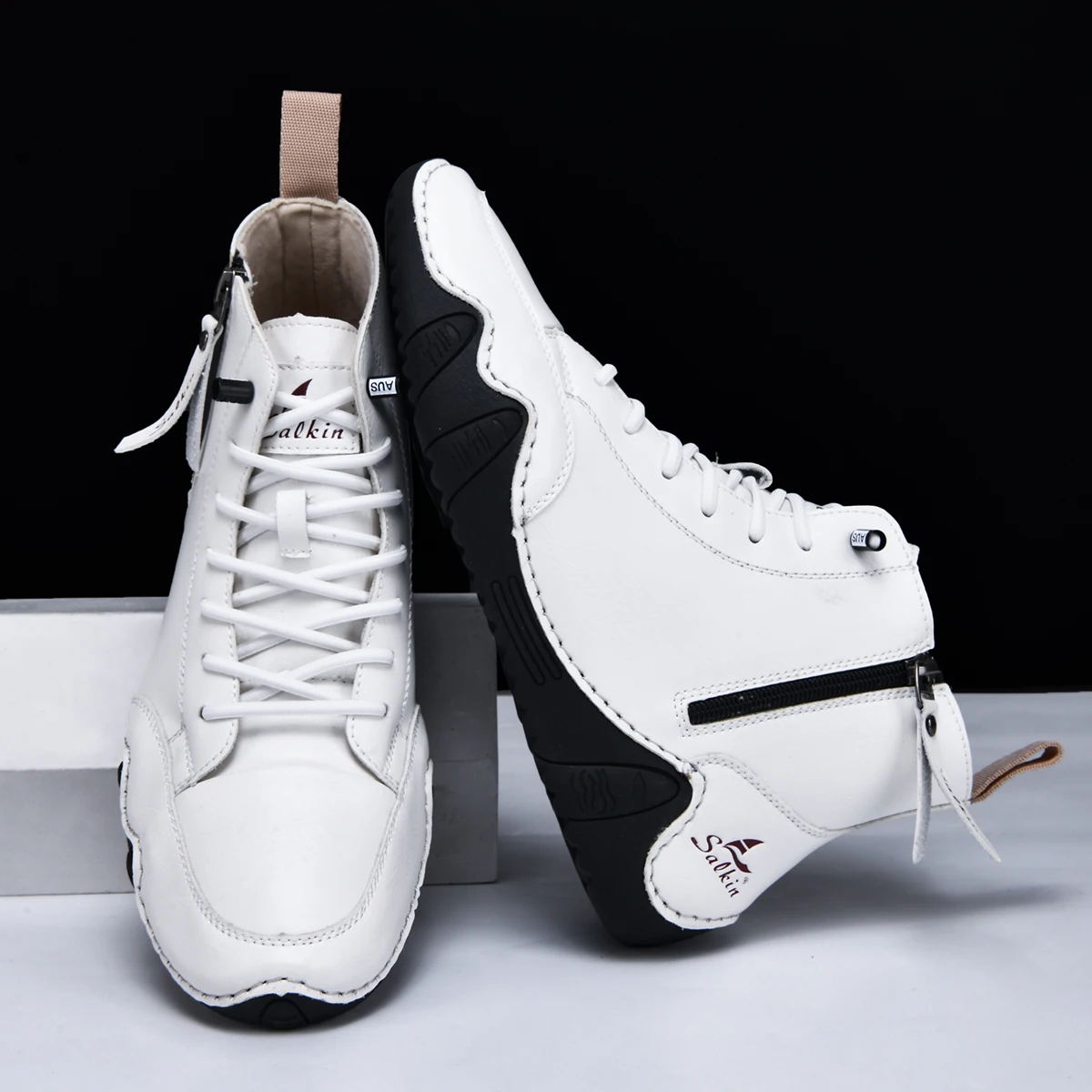 Handgenähte Vintage-Stiefel für Herren, modische einfarbige High-Top-Freizeitschuhe mit seitlichem Reißverschluss, Alltagskleidung für Frühling und Herbst, nackte Stiefel, Outdoor-Wandersneaker – Detail 10