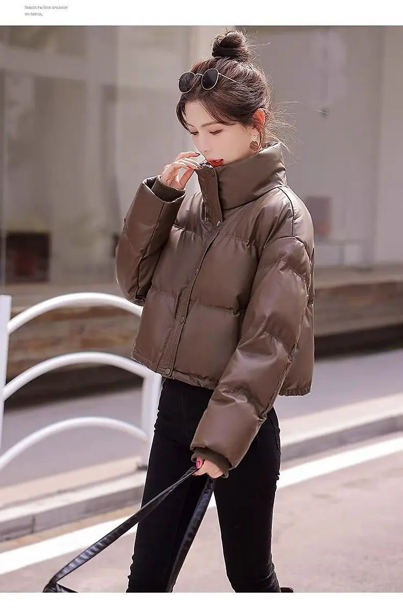 Solid Color Windproof Cropped Puffer Jacket Women Winter Thick Short Coat Warm Coat Fluffy Parka Vintage Tops Women's Clothing