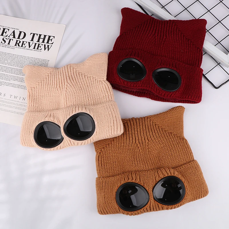 Fall Winter Beanies Knitted Hat Cute Cat Ear Hat Warm For Women With Sunglasses Windproof Couples Cap