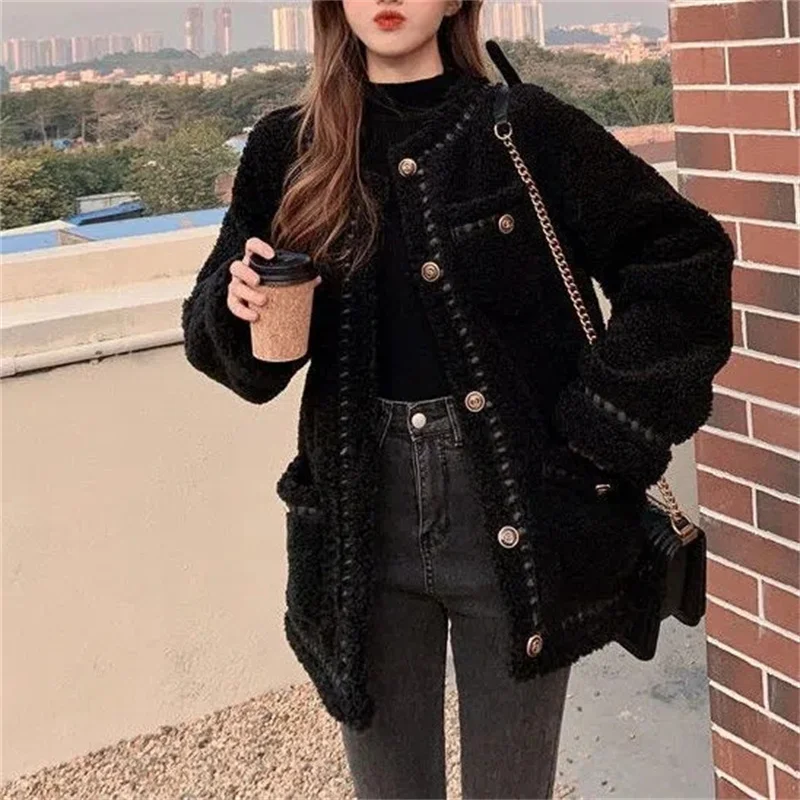 

Fat Sister Lamb Wool Coat Female New Autumn Winter Korean Version of Everything With Thick Splicing Small Fragrant Wind Top Tide