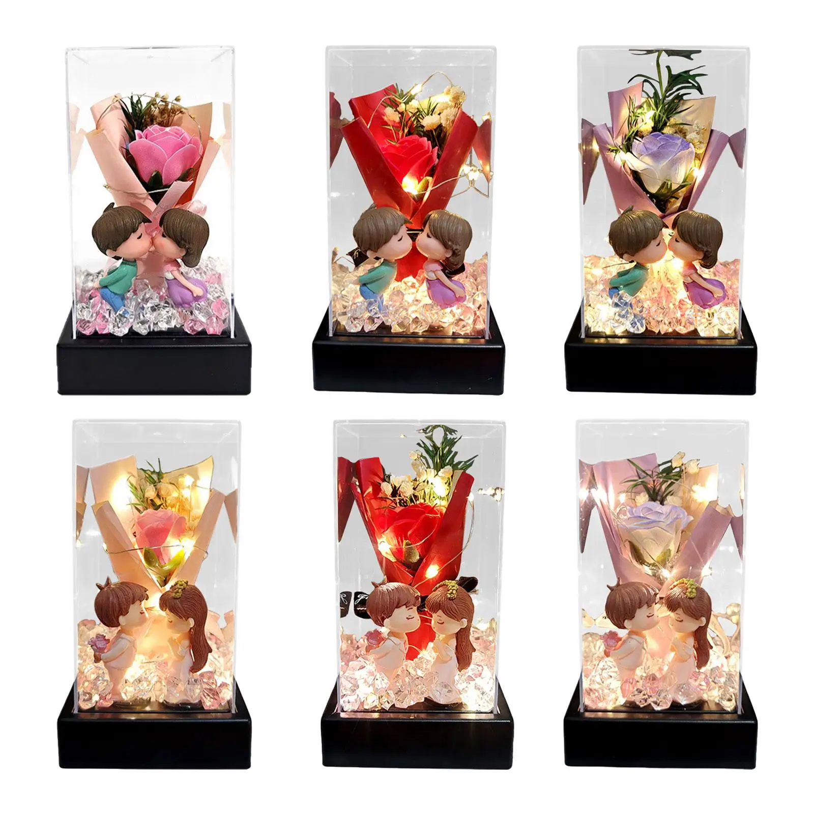 Romantic Artificial Flower Bouquet Acrylic Dome Preserved Rose Gift Box for Wedding Valentine’s Day Anniversary Decoration