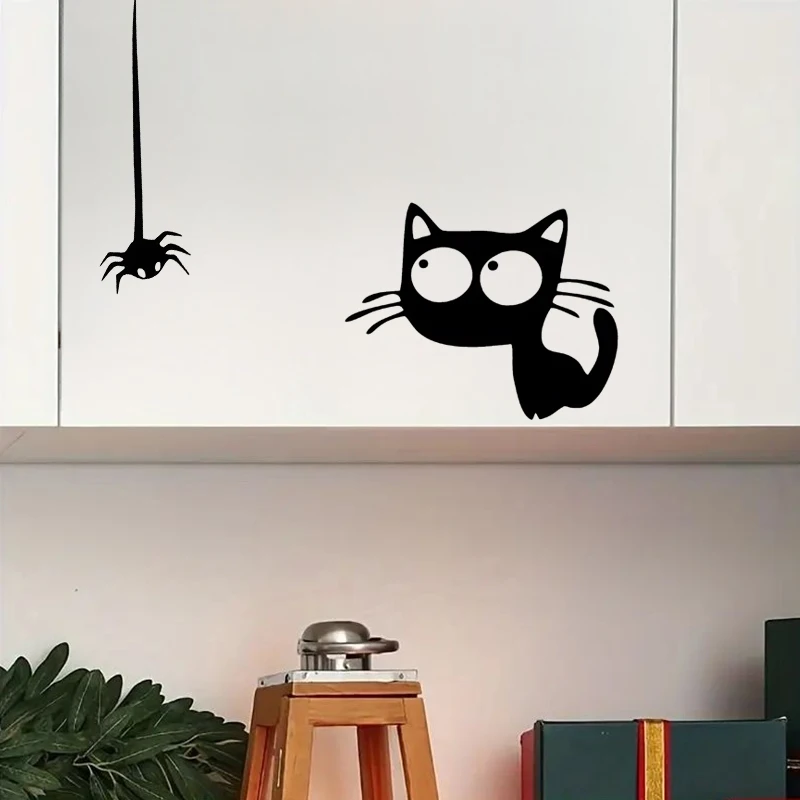 Funny Cat with a Spider Sticker Waterproof Decor for Wall Refrigerator Door Window