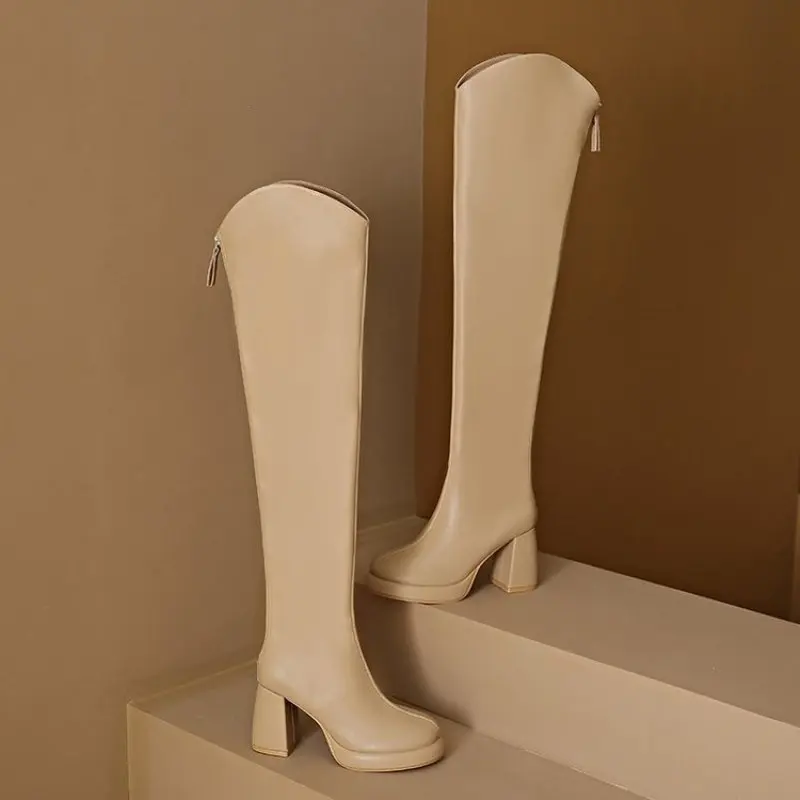 2024 Fashion Knee High Boots Women's Winter Boots New Thick High Heel Stretc Long Boots Slip On Autumn Shoes Woman Plus Size 43