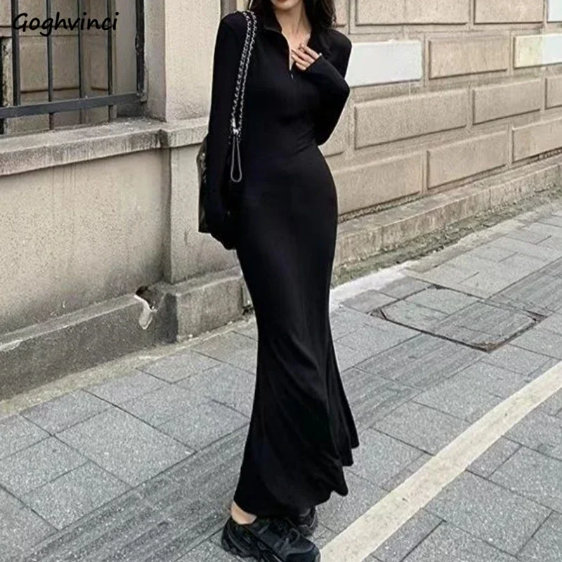 

Dresses Women Turn-down Collar Ankle-length Black Popular Korean Fashion All-match Streetwear Spring Chic Ins Bodycon Y2k Mujer