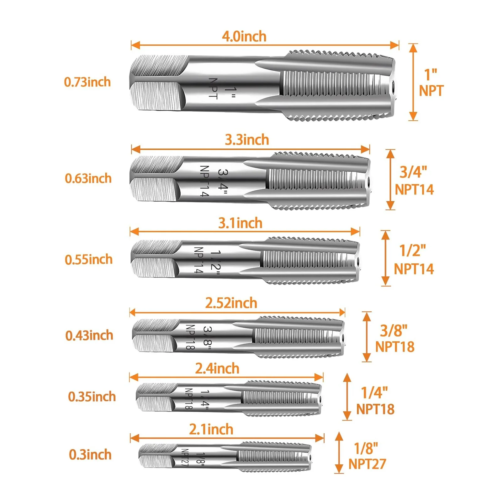 6PCS 파이프 탭 NPT 1인치 3/4인치 1/2인치 3/8인치 1/4인치 1/8인치 탄소강 나사 탭핑 도구 키트 PVC 파이프용 NPT 탭 세트 배관 탭
