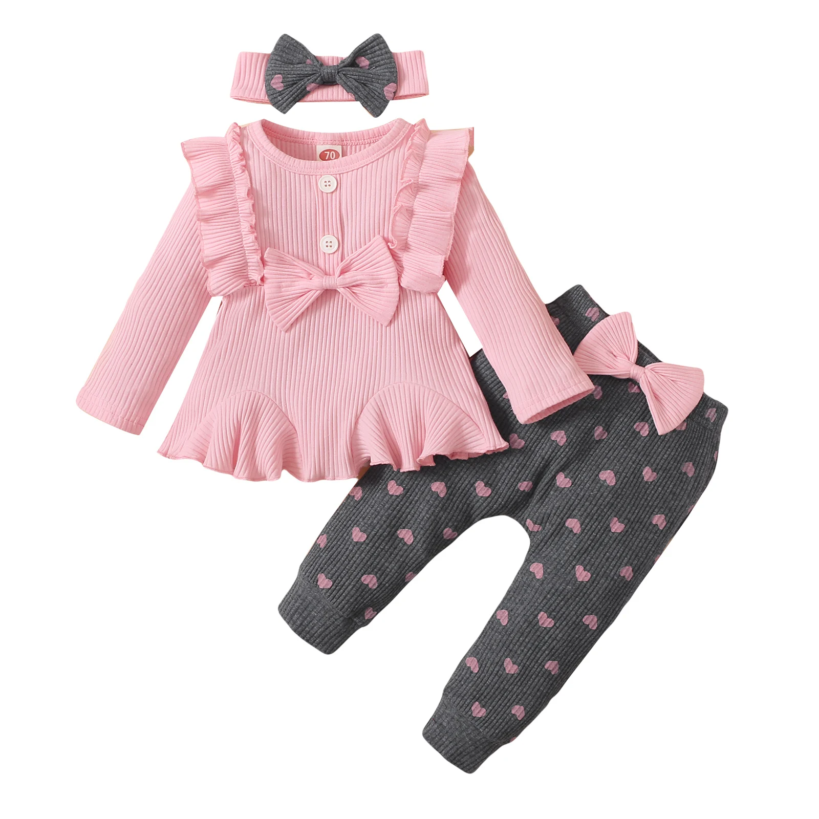 Newborn Baby Girls Clothes Set Pink Toddler Ruffle Tops Heart Print Bow Trousers Princess Casual Infant Outfits Clothes Suit sun baby clothing set