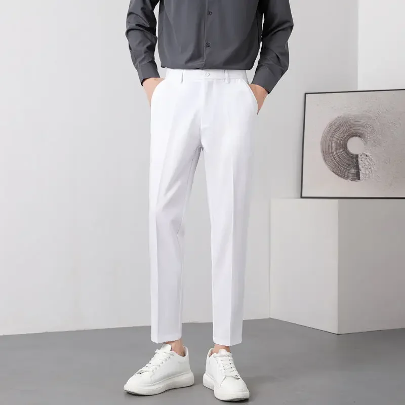 thumbnail image 1 of Pantalones de trabajo refrescantes para hombres, pantalones de oficina de seda de hielo, trajes rectos para hombre, tela clásica, sastrería coreana, reseñas, muchas novedades, 1 of 5