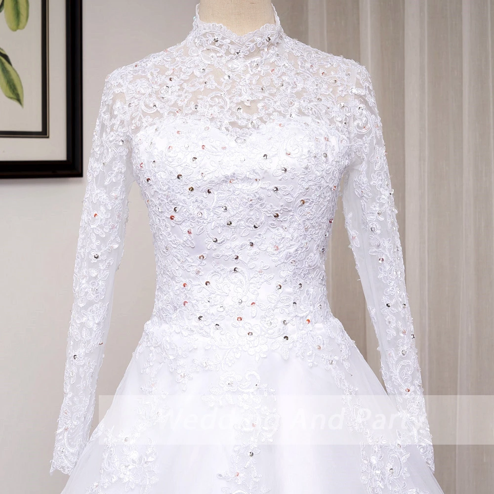 Elegant princess Wedding Dress ball gown plus size O neck long sleeve lace beading Muslim bridal wedding gown vestido De Noiva winter wedding dresses