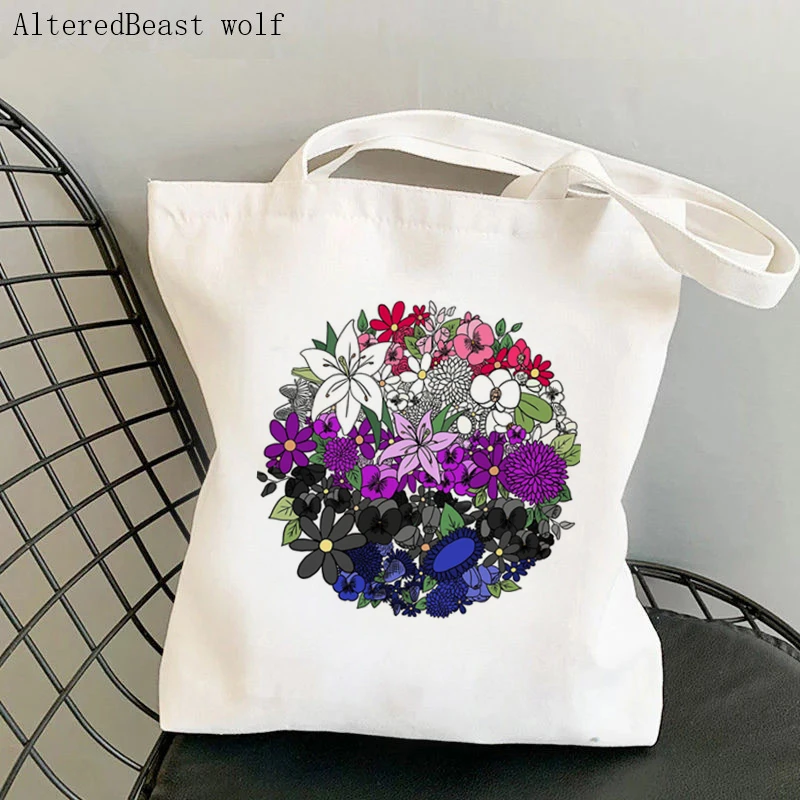 Women Shopper bag Agender pride flowers Printed Bag Harajuku Shopping Canvas Shopper Bag girl handbag Tote Shoulder Lady Bag